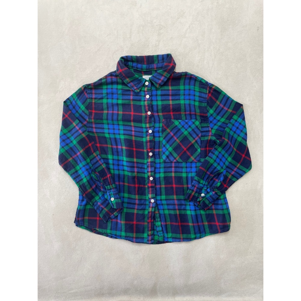 Aerie Women Blue Green Plaid Flannel Button Down Shirt Small Cotton Viscose